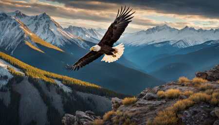 An eagle soars high above mountain peaks at dusk, its wings spread wide against a dramatic sky, embodying freedom and grandeur.. AI Generationの素材
