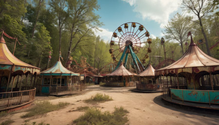 A haunting view of an abandoned amusement park; rusting rides and overgrown paths tell stories of joy once shared.. AI Generationの素材
