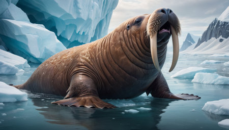 A grand walrus, with prominent tusks, rests on an icy platform surrounded by the cold blue waters of the Arctic, its whiskered face conveying a sense of serene strength in a frosty landscape.. AI Generationの素材