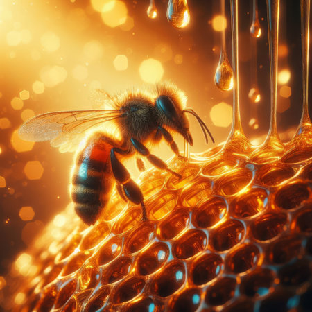 A vivid depiction of a honeybee on a dripping golden honeycomb, captured with exquisite detail and rich colors. AI Generationの素材