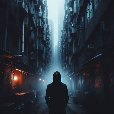 An enigmatic figure looms in the foreground, while a citys luminous glow pierces the surrounding fog, creating a moody urban nightscape.. AI Generationの素材