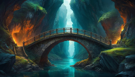 An imaginative landscape with a stone bridge arching over a serene river in a canyon, illuminated by otherworldly light. AI Generationの素材