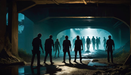 A group of silhouetted figures stand in an underpass, with a mysterious light casting long shadows, perfect for concepts of urban exploration and mystery.. AI Generationの素材