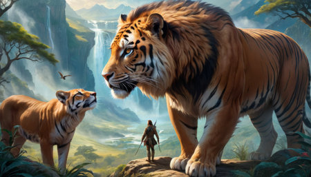 A powerful tiger and its cub stand atop a rocky ledge, surveying a breathtaking landscape, with a lone adventurer gazing upwards in awe.. AI Generationの素材