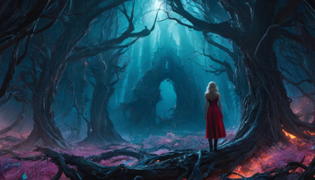 A woman in a striking red cloak stands in a twisted, otherworldly forest, creating a stark contrast with the dark, magical environment.. AI Generationの素材