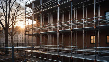A serene sunset behind a detailed scaffold structure adjacent to a building under renovation, with a warm light casting through the framework.. AI Generationの素材