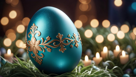 An exquisitely decorated teal Easter egg with golden floral patterns, nestled in grass with soft candlelight in the background, evoking a warm holiday spirit.. AI Generationの素材