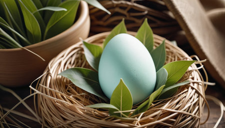 A minimalist aesthetic with a single pale blue Easter egg nestled in a bed of straw, surrounded by verdant green leaves. AI Generationの素材