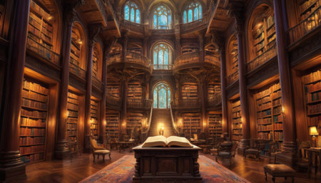 A vast library hall bathed in warm light, with towering bookshelves, a grand staircase leading to an open book on a lectern.. AI Generationの素材