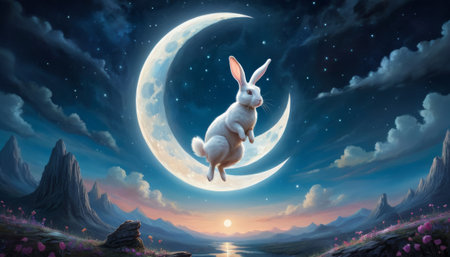 A whimsical image of a white rabbit perched on a crescent moon above a tranquil landscape, imbued with a sense of calm and fantasy.. AI Generationの素材