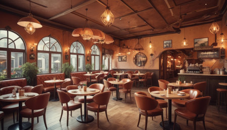 An inviting cafe boasts warm lighting and vintage decor, with red chairs and wooden tables creating a relaxed, retro ambience for dining.. AI Generationの素材
