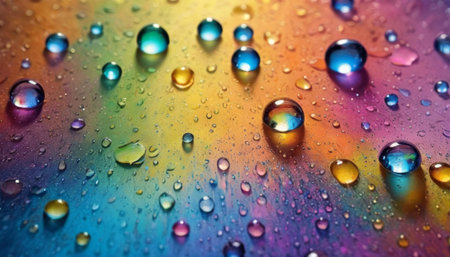 Macro shot of rainbow-colored water droplets on a gradient surface, reflecting light and showcasing spectrum refraction. AI Generationの素材
