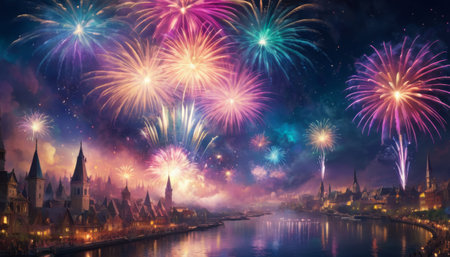 A spectacular fireworks display bursts in colorful splendor above an old town by the river, radiating celebration. AI Generationの素材
