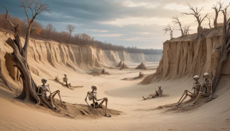 A group of skeletons casually lounging in a barren, sandy landscape, depicting a surreal and whimsical scene. AI Generationの素材