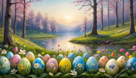 An array of hand-painted Easter eggs nestles in the grass by a tranquil lakeside, surrounded by a canvas of spring blossoms.. AI Generationの素材