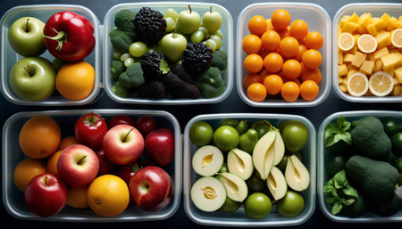 Meal prep containers neatly filled with an assortment of fresh fruits, displaying organized nutrition and meal planning.. AI Generationの素材