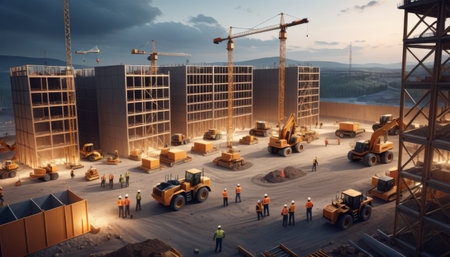 A vast construction site teeming with activity as workers and heavy machinery operate under the glow of sunset, showcasing industrial progress.. AI Generation. AI Generationの素材