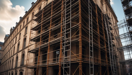 Intricate scaffolding envelops a historic building, signifying an extensive renovation process underway in an urban setting.. AI Generationの素材