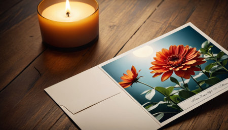 A warm candlelit scene featuring a greeting card and vibrant orange flower, conveying a message of care and personal touch.. AI Generationの素材