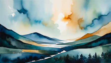A panoramic watercolor painting depicts tranquil mountains, a winding river, and a dynamic sky, radiating peacefulness.. AI Generationの素材
