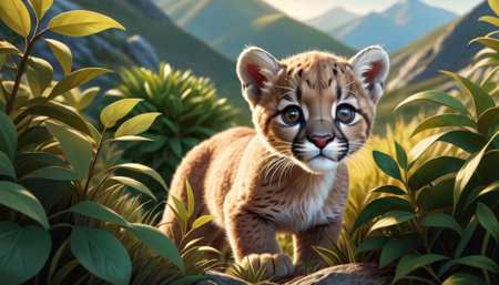A digital illustration of a juvenile puma cub with bright, curious eyes peering through the vibrant green foliage of a serene mountainous landscape.. AI Generationの素材