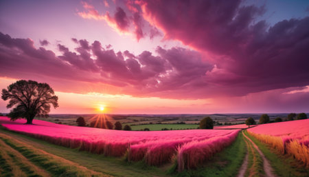 A breathtaking view of a vibrant lavender field under a dramatic sunset sky, with sun rays piercing through the clouds above a solitary tree.. AI Generationの素材