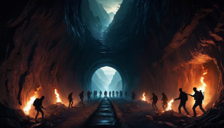 Silhouetted figures armed with torches navigate a dark, enigmatic cave passage, emerging into the light of an unknown destination.. AI Generationの素材