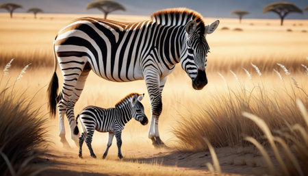 A zebra mare and her young foal stand amidst the golden grasses of the savanna under a wide, open sky.. AI Generationの素材