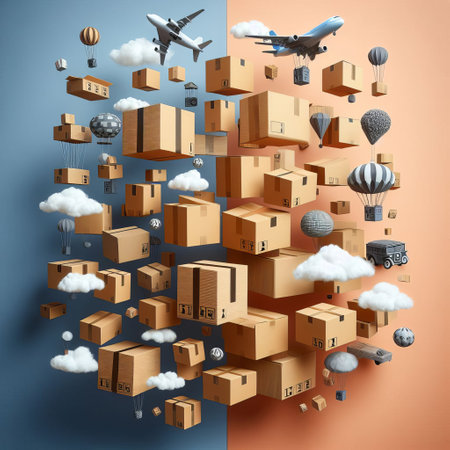 A surreal composition featuring an array of floating cardboard boxes with transportation elements in a dreamlike sky.. AI Generationの素材