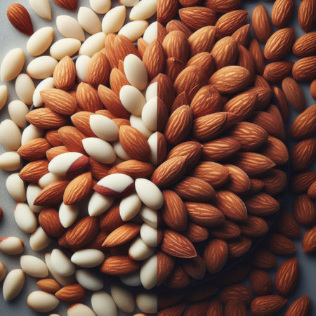 A seamless pattern of almonds and milk droplets, symbolizing nutrition and natural food, perfect for culinary backgrounds.. AI Generationの素材