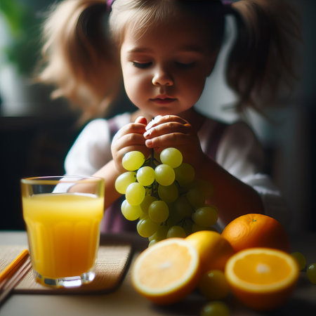 A young girl focused on holding a bunch of green grapes with citrus fruit and juice on the table.. AI Generationの素材