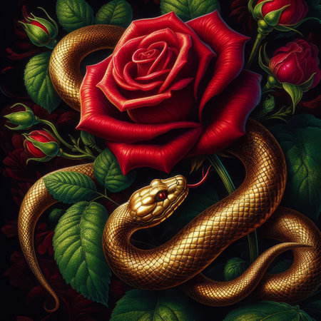 A gold-scaled snake coils protectively around a lush red rose, set against a backdrop of rich green foliage and budding flowers.. AI Generationの素材