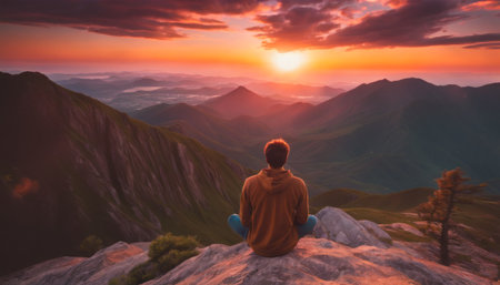 A person meditates at the peak of a mountain, embraced by the warm glow of a serene sunset and expansive views.. AI Generationの素材