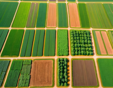 An aerial mosaic of varied crops presents a tapestry of agriculture, with vivid greens and browns sectioned into a quilted farmland.. AI Generationの素材