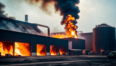 Dramatic scene of a factory engulfed in fierce flames and black smoke under a dusky sky, depicting an industrial disaster.. AI Generationの素材