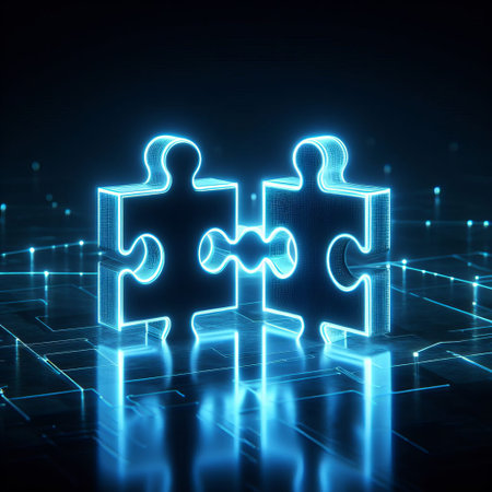 Digital image of two puzzle pieces connecting with a blue neon outline on a futuristic digital grid background.. AI Generationの素材