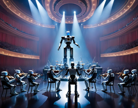 A futuristic robot conductor stands center stage with spotlight, leading a robot orchestra in an opulent concert hall.. AI Generationの素材