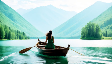 A tranquil scene of a woman in a green dress rowing a boat in a calm, emerald lake surrounded by mountain scenery.. AI Generationの素材