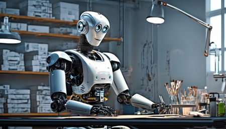An advanced humanoid robot sketches with precision in a creative studio, surrounded by art supplies and soft lighting.. AI Generationの素材