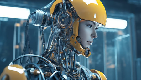 Close-up view of a futuristic female humanoid robot with a glossy yellow helmet, showcasing intricate mechanical design and AI technology.. AI Generationの素材