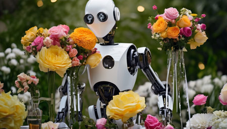 A white robot adorned with fresh colorful flowers in a lush garden, creating a harmonious blend of technology and nature, evoking a sense of serenity and innovation.. AI Generationの素材