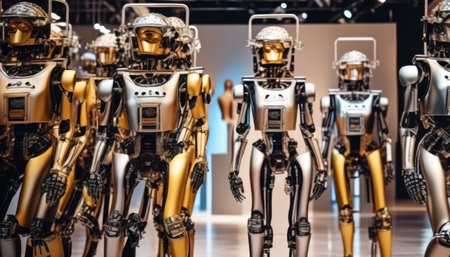 A stunning exhibition displaying a collection of elite golden robots, highlighting sleek designs and sophisticated technology.. AI Generationの素材