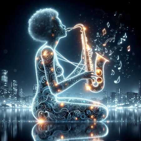 Neon-lit, cybernetic saxophonist silhouette playing music with notes floating around, set against a cityscape at night.. AI Generationの素材