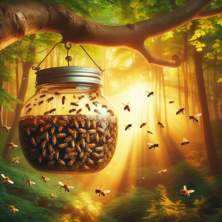 A magical scene depicting a large honey jar surrounded by buzzing bees in an enchanted forest illuminated by sunlight.. AI Generationの素材