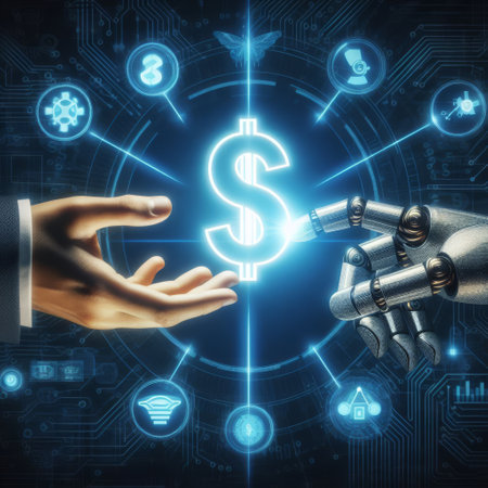 A conceptual digital artwork showing a human hand and a robotic hand exchanging a glowing dollar sign against a circuit board background.. AI Generationの素材