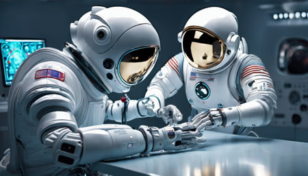 Two astronauts, in a high-tech spacecraft, engaging in a precise tool handoff, surrounded by advanced control panels.. AI Generationの素材