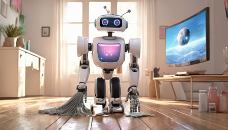 A domestic robot cheerfully engages in housekeeping, sweeping the floor in a sunlit home interior.. AI Generationの素材