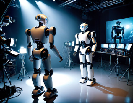 Two humanoid robots with a sleek design standing confidently in a professional film studio setting with cameras and lighting equipment.. AI Generationの素材