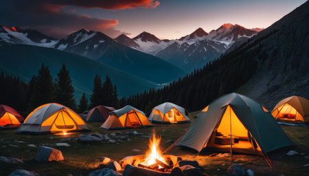 Illuminated tents at night in a mountainous landscape, providing a cozy and magical setting for outdoor enthusiasts and campers.. AI Generationの素材