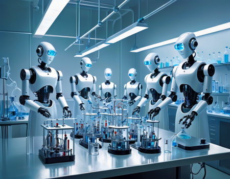 A team of white humanoid robots conducting experiments in a modern, well-equipped laboratory setting.. AI Generationの素材